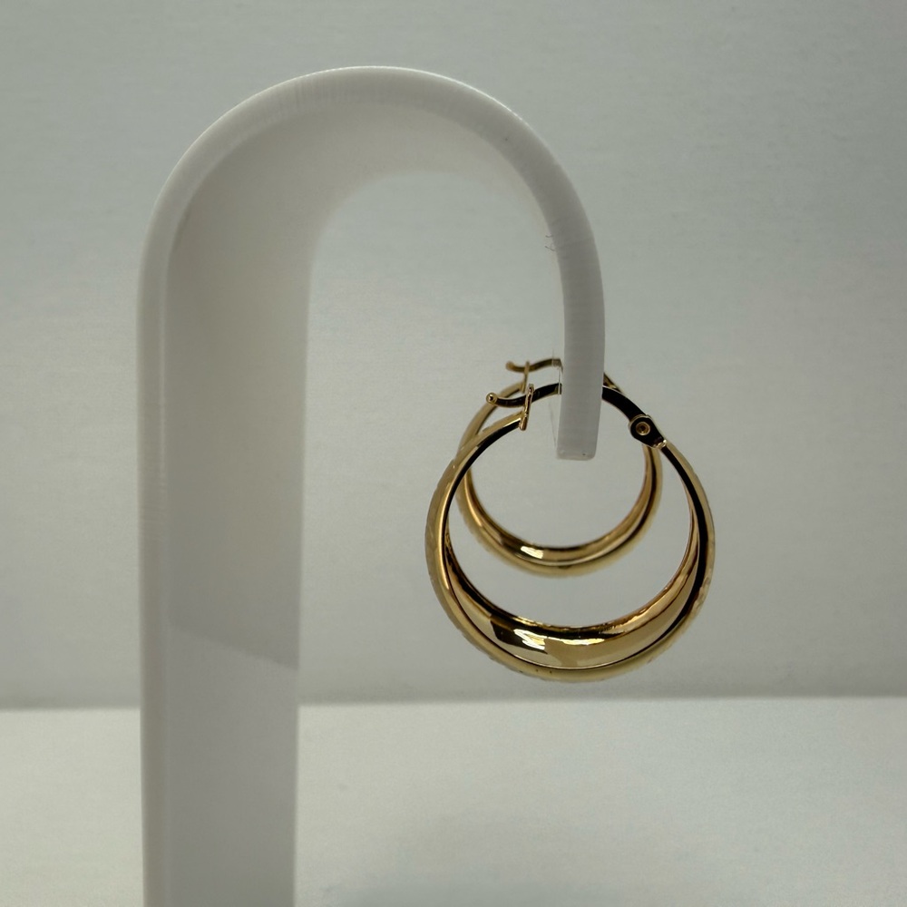 18K Genuine YG Gold Dome Hoop Earrings with Greek Design 23mm - Picture 8 of 13